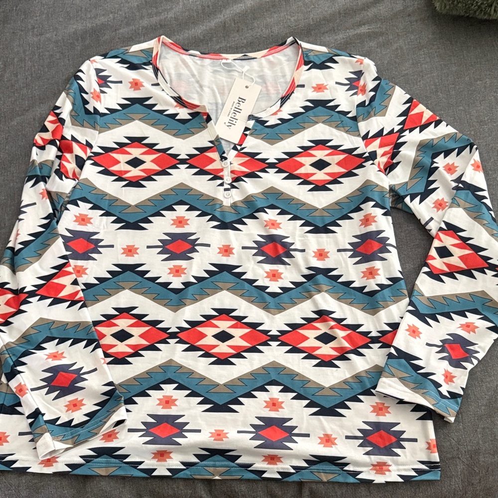 Western Print Long Sleeve Top